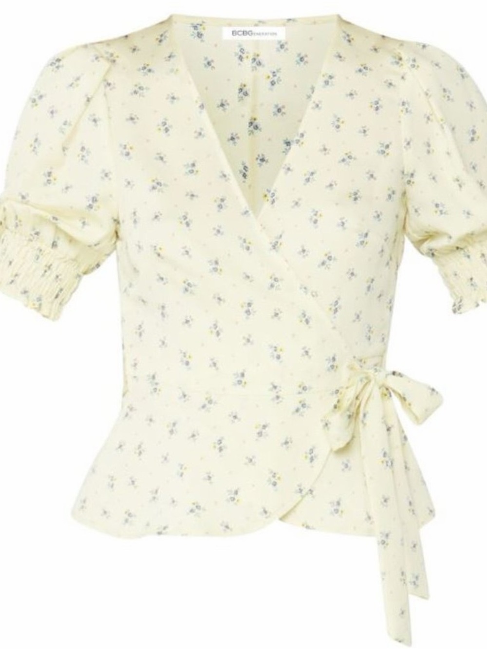 BCBGeneration Pale Yellow Floral Wrap Top